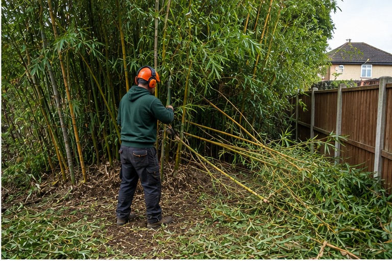 Team member clearing cut bamboo canes from a West Midlands garden