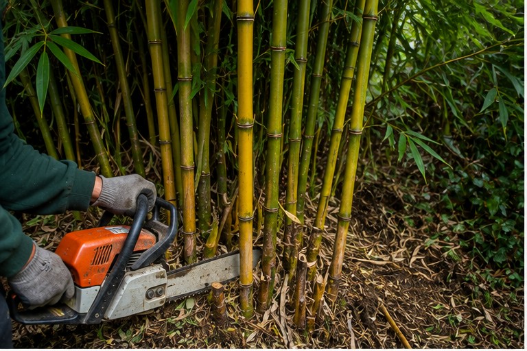 Bamboo removal specialist cutting back established bamboo canes in a West Midlands garden