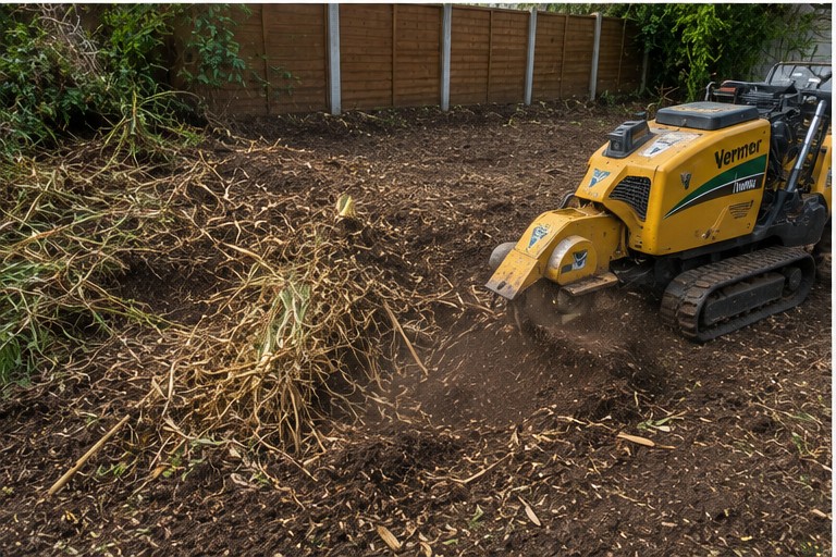Excavation equipment removing bamboo rhizomes and root system