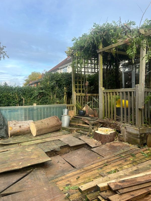 Thick cut logs and a stump on old boards beside a pergola covered with climbing plants