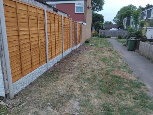 Long run of new fence panels beside bare grass with a footpath and green wheelie bin beyond
