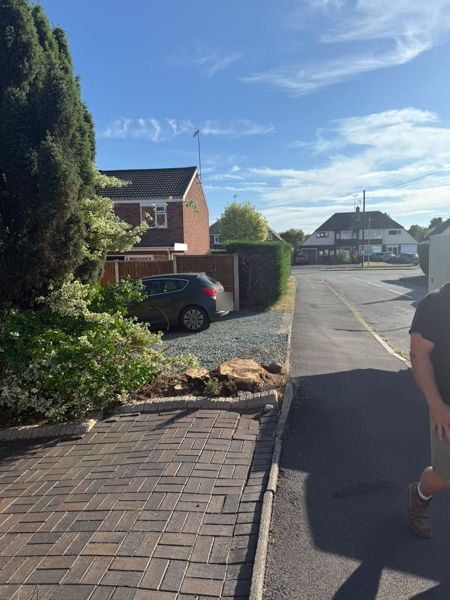Front garden showing a cut stump beside a gravel drive and block paving, with a tall conifer at the left