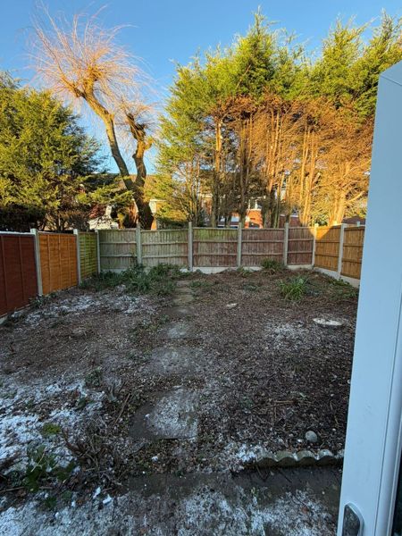 Back garden cleared to bare chipped ground with stepping stones, fences and tall conifers beyond