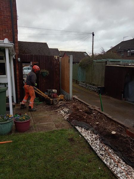 Man using a stump grinder beside new fencing and a gravel border in a back garden