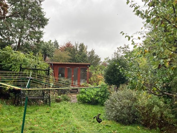 Garden with lawn, rotary washing line, shrubs and a red summerhouse at the far end under an overcast sky